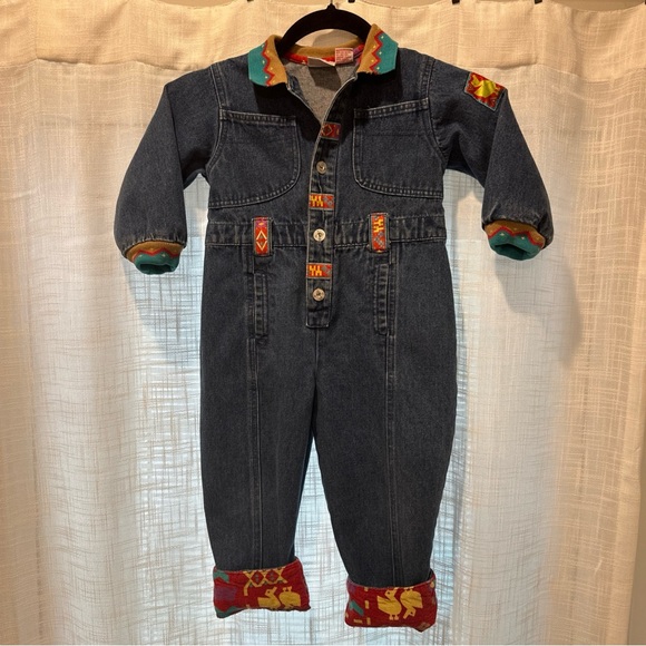Vintage KCs Kids Denim Coveralls Jumpsuit Toddler 3T Aztec Print Accent Rare! - Picture 1 of 13